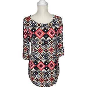 Cocomo Black, White, Coral & Khaki Geometric Patterned Tunic w/ Rolled Sleeves S